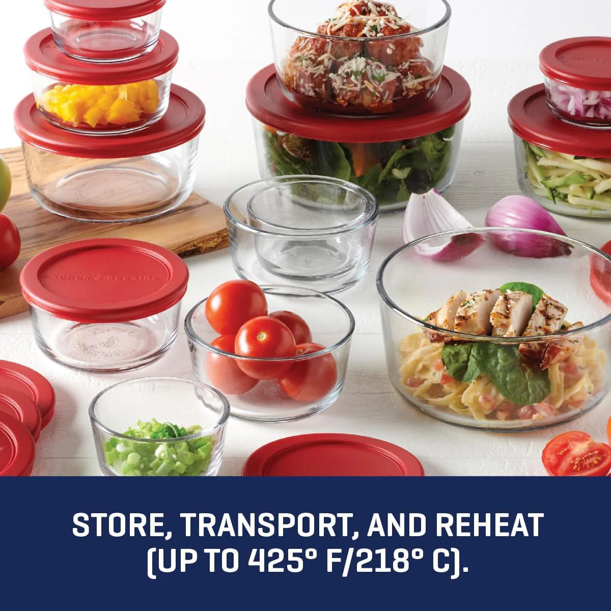 Corelle Vitrelle Anchor Hocking 26 Piece Glass Storage Containers with Lids (13 Glass Food Storage Containers & 13 Red SnugFit Lids) - Image 4
