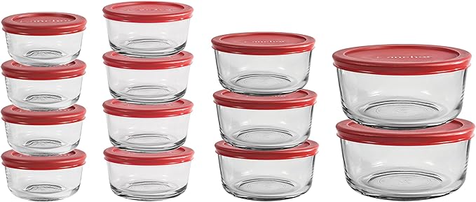 Corelle Vitrelle Anchor Hocking 26 Piece Glass Storage Containers with Lids (13 Glass Food Storage Containers & 13 Red SnugFit Lids)